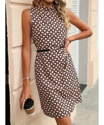 Kadın Balıkçı Yaka Kolsuz Desenli Dalgıç Elbise