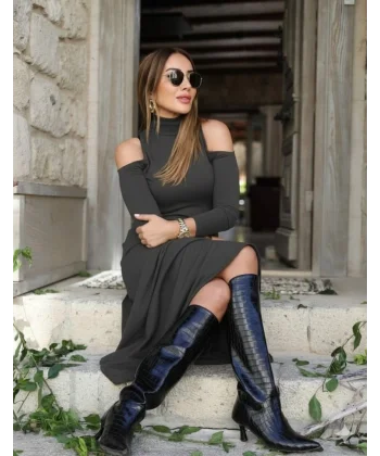 Kadın Balıkçı Yaka Omuzlardan Açık Uzun Kollu Janjan Krep Elbise