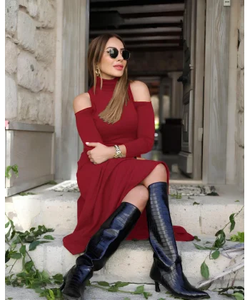 Kadın Balıkçı Yaka Omuzlardan Açık Uzun Kollu Janjan Krep Elbise