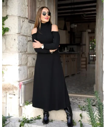 Kadın Balıkçı Yaka Omuzlardan Açık Uzun Kollu Janjan Krep Elbise