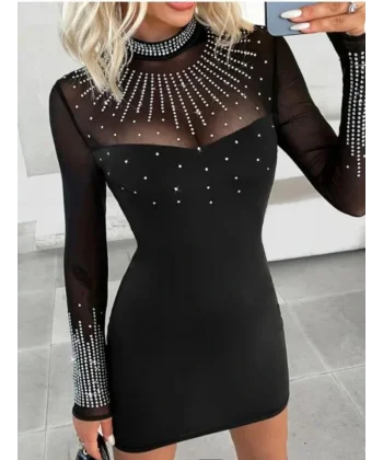 Kadın Balıkçı Yaka Taş Işlemeli Transparan Detay Mini Elbise