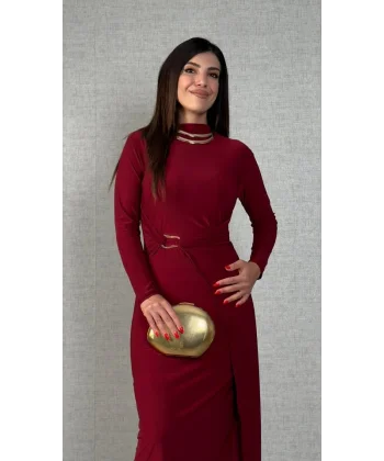 Kadın Balıkçı Yaka Toka Detay Sandy Kumaş Midi Boy Elbise