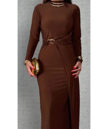 Kadın Balıkçı Yaka Toka Detay Sandy Kumaş Midi Boy Elbise