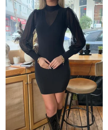 Kadın Balıkçı Yaka Transparan Detay Fırsat ürün andy Kumaş ini Elbise