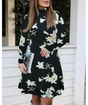 Kadın Balıkçı Yaka Uzun Kollu çiçek Desenli Krep Elbise