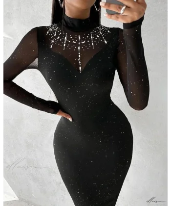 Kadın Balıkçı Yaka Uzun Kollu Rahat Param Ve Taş Detay Midi Boy Elbise