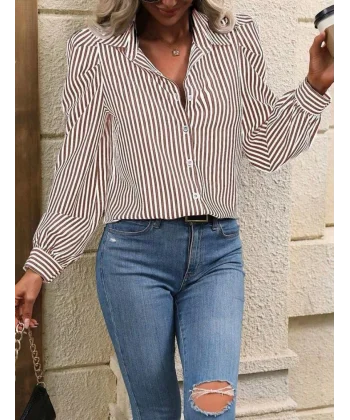 Kadın Balon Kol Pamuk Polyester Kumaş çizgili Gömlek