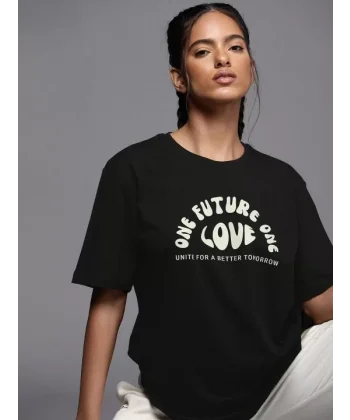 Kadın Baskılı Oversize T-shirt - Siyah