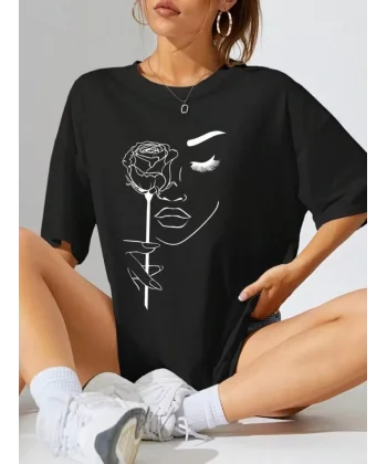 Kadın Baskılı Oversize T-shirt - Siyah