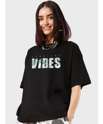Kadın Baskılı Oversize T-shirt - Siyah