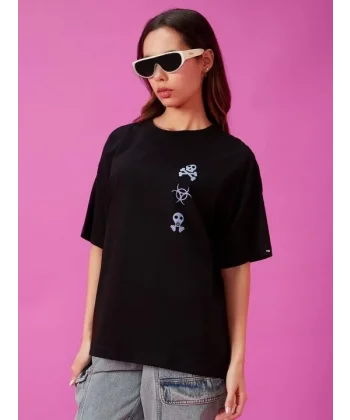 Kadın Baskılı Oversize T-shirt - Siyah