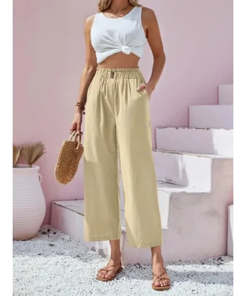 Kadın Bel Büzgü Ve Düğme Detay Kapri Keten Pantolon