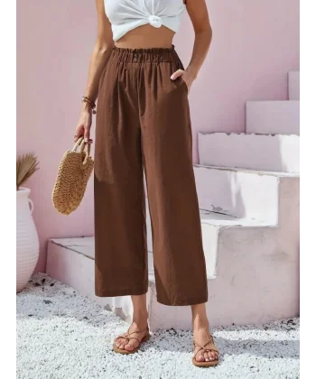 Kadın Bel Büzgü Ve Düğme Detay Kapri Keten Pantolon