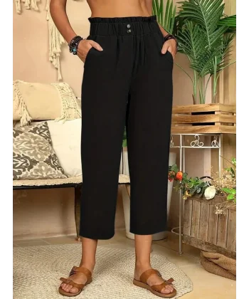 Kadın Bel Büzgü Ve Düğme Detay Kapri Keten Pantolon