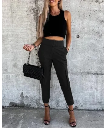 Kadın Bel Düğme Detaylı Paça Lastikli Kargo Pantolon