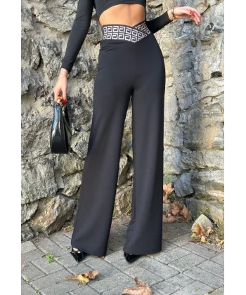 Kadın Belde Kruvaze Ve Ribana Detay Ispanyol Paça Ithal Krep Pantolon