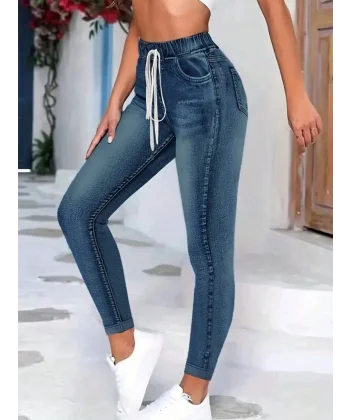 Kadın Belden Bağlamalı Cepli Yüksek Bel Kot Pantolon