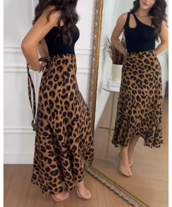 Kadın Belden Kuşaklı Desenli Süprem Etek