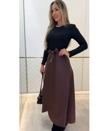 Kadın Belden Kuşaklı Uzun Deri Etek