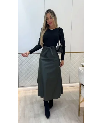 Kadın Belden Kuşaklı Uzun Deri Etek