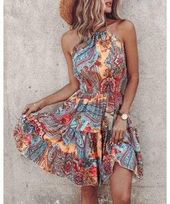 Kadın Beli Gipeli Boyundan Bağlamalı Desenli Süprem Mini Elbise