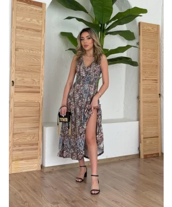 Kadın Beli Gipeli Etnik Desen Sıfır Kol Süprem Elbise