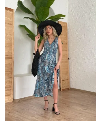 Kadın Beli Gipeli Etnik Desen Sıfır Kol Süprem Elbise