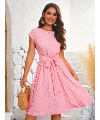Kadın Beli Kuşaklı Puantiyeli Sandy Elbise