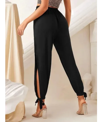 Kadın Beli Lastikli Bağcıklı Yanları Yırtmaç Detaylı Bilekten Bağcıklı Viskon Pantolon