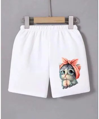 Kadın Beli Lastikli Baskılı Mini Şort - Beyaz