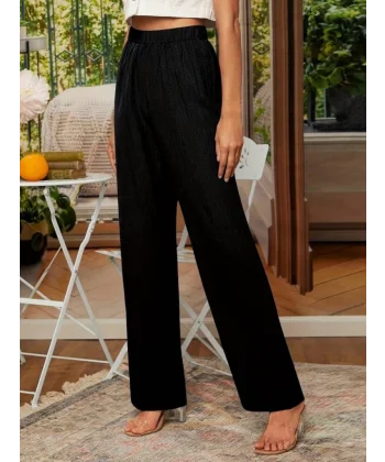 Kadın Beli Lastikli Bol Düz Paça Bürümcük Pantolon