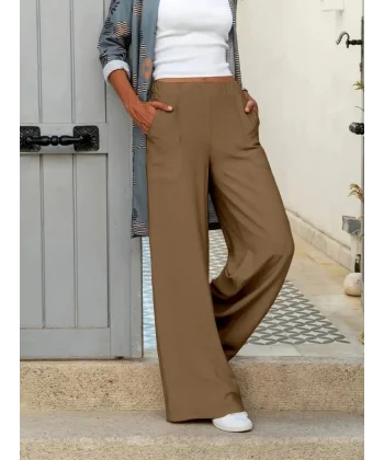 Kadın Beli Lastikli Cepli Palazzo Aerobin Pantolon