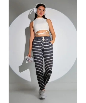 Kadın Beli Lastikli Çizgili Eşofman Altı - Lacivert