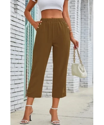 Kadın Beli Lastikli Düğme Ve Cep Detaylı Kapri Ithal Keten Pantolon
