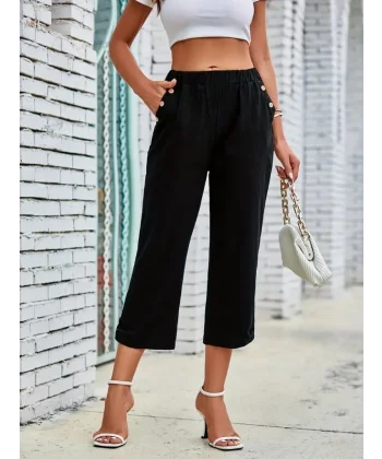 Kadın Beli Lastikli Düğme Ve Cep Detaylı Kapri Ithal Keten Pantolon