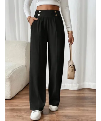 Kadın Beli Lastikli Düğmeli Ithal Krep Pantolon