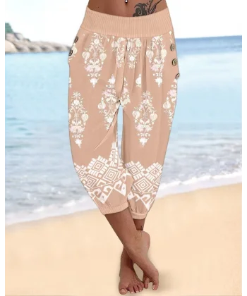 Kadın Beli Lastikli Etnik Desenli Kapri Süprem Pantolon