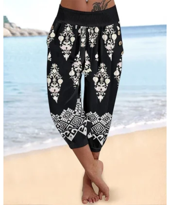 Kadın Beli Lastikli Etnik Desenli Kapri Süprem Pantolon