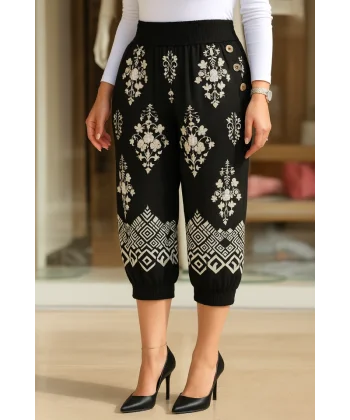 Kadın Beli Lastikli Etnik Desenli Kapri Süprem Pantolon