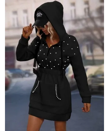 Kadın Beli Lastikli Inci Detay Kapüşonlu ini Elbise