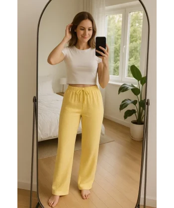 Kadın Beli Lastikli Pol Paça Pantolon