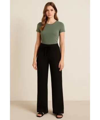 Kadın Beli Lastikli Pol Paça Pantolon