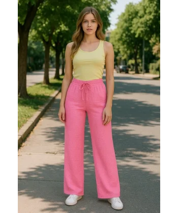 Kadın Beli Lastikli Pol Paça Pantolon