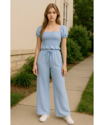 Kadın Beli Lastikli Pol Paça Pantolon