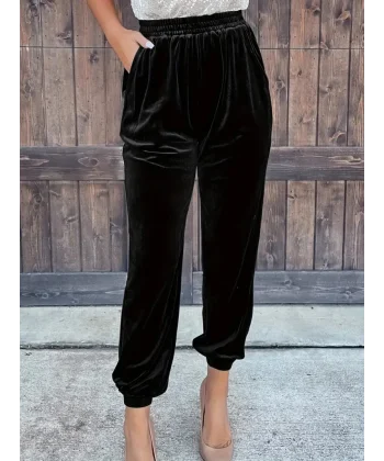 Kadın Beli Lastikli Yüksek Bel Cep Detay Kadife Pantolon