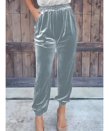 Kadın Beli Lastikli Yüksek Bel Cep Detay Kadife Pantolon