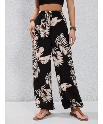 Kadın Beli Ve Paçası Lastikli Yaprak Desen Süprem Kumaş Pantolon