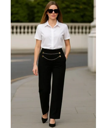 Kadın Beli Zincir Detay Ithal Krep Pantolon