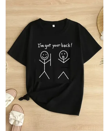 Kadın Beyaz Ive Got Your Back Grafik Tişört - Eğlenceli Çubuk Tasarımlı Oversize Günlük Kısa Kollu Tişört, Polyester Örgü, Yuvarlak Yaka, İlkbahar ve Yaz için Mükemmel, Günlük Giyim Tişört | Eğlenceli Tasarım | Polyester Kumaş- Siyah
