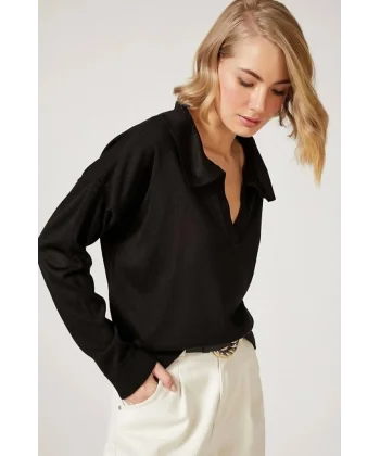 Kadın Beyaz Uzun Kollu Yakalı Triko Bluz